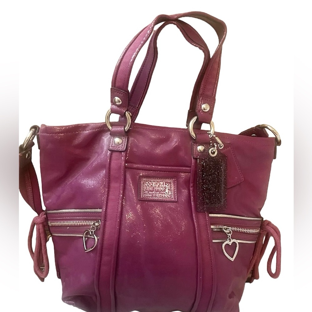 Coach Magenta Leather Handbag With Heart Charms